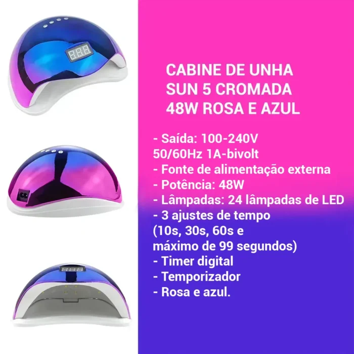 Cabine de unha Sun 5 Cromada 48w Profissional Azul e Rosa - Imagem 4