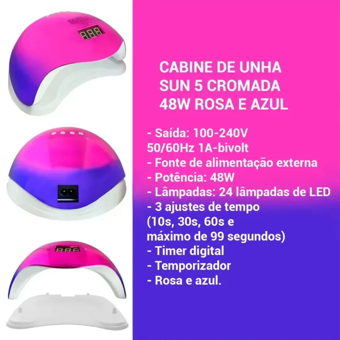 Cabine de unha Sun 5 Cromada 48w Profissional Rosa e Azul - Imagem 4
